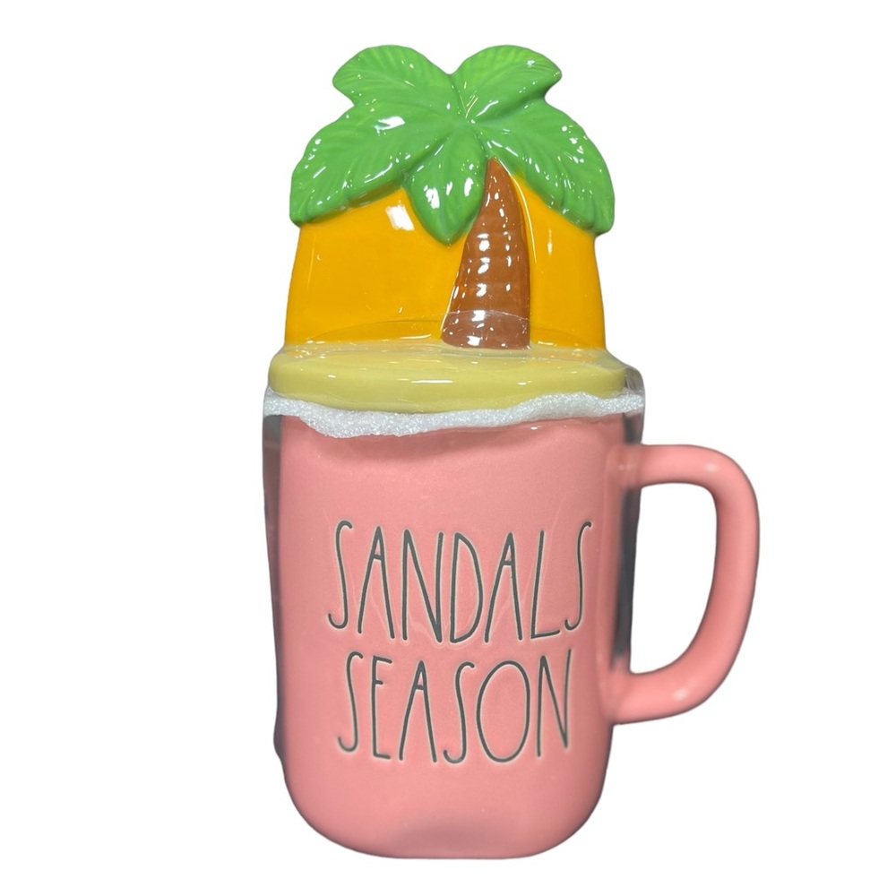 Rae Dunn Sandals Season Coffee Mug Palm Tree Topper Lid Pink Ceramic Gloss NEW